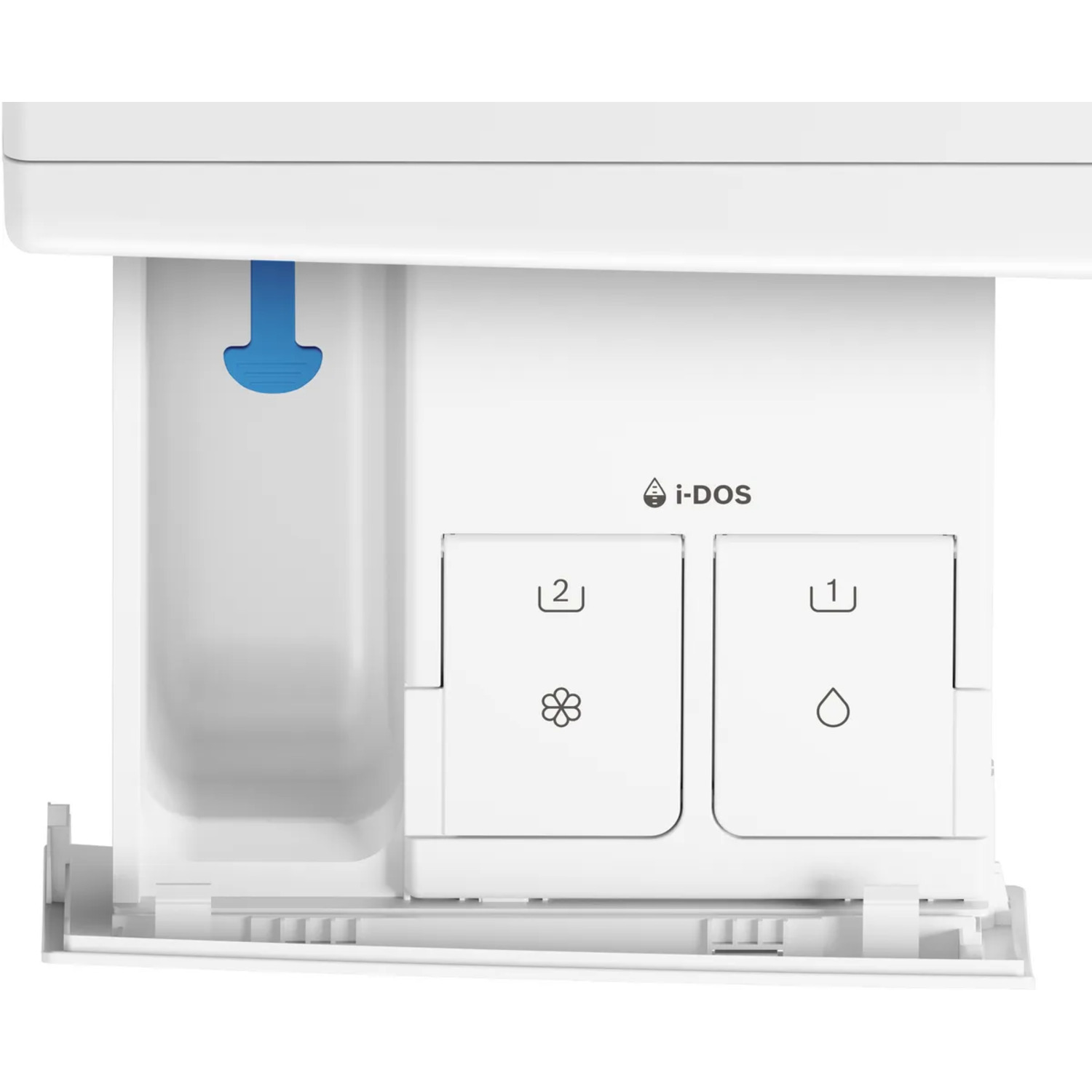 Distributeur blanc de machine à laver. Deux compartiments, étiquetés 1 et 2.