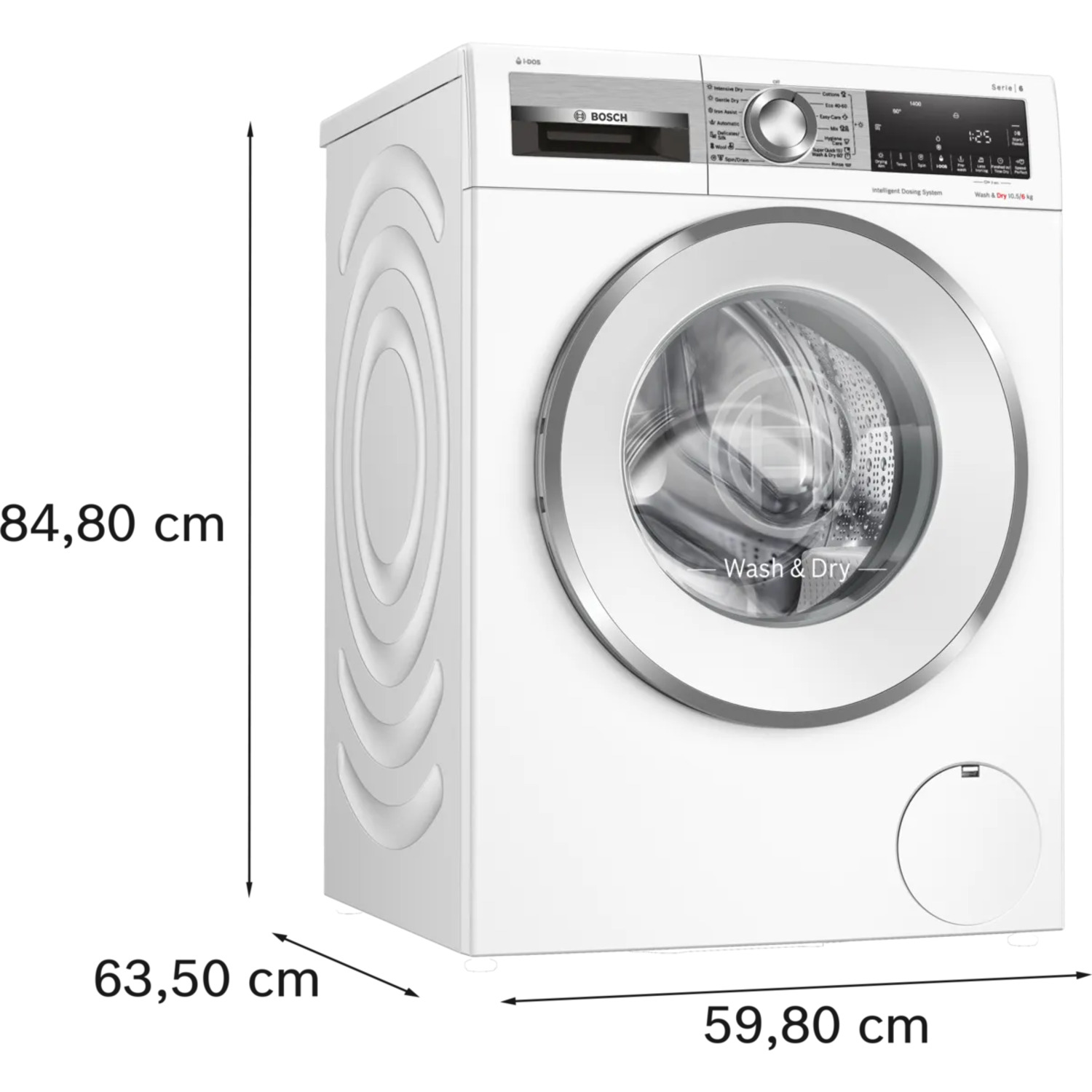 Lave-linge blanc avec dimensions en centimètres. Vue latérale.