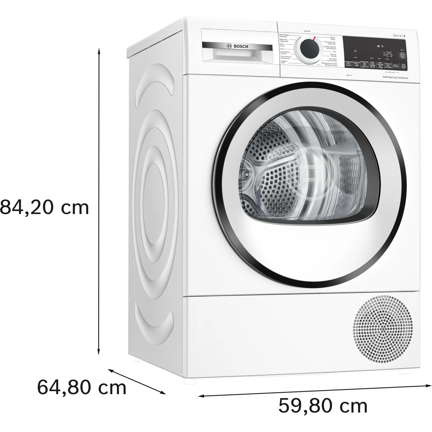 White Bosch dryer, measurements shown, white background.