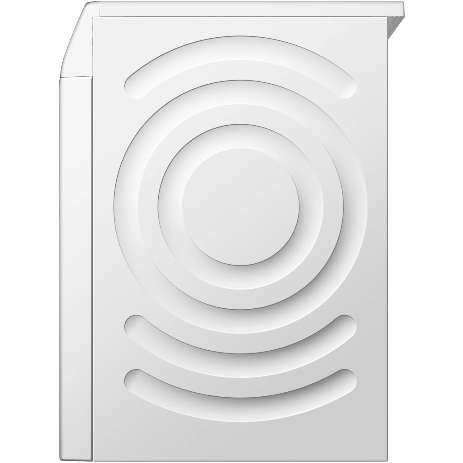 Witte voorkant van wasmachine met cirkelvormig ontwerp.