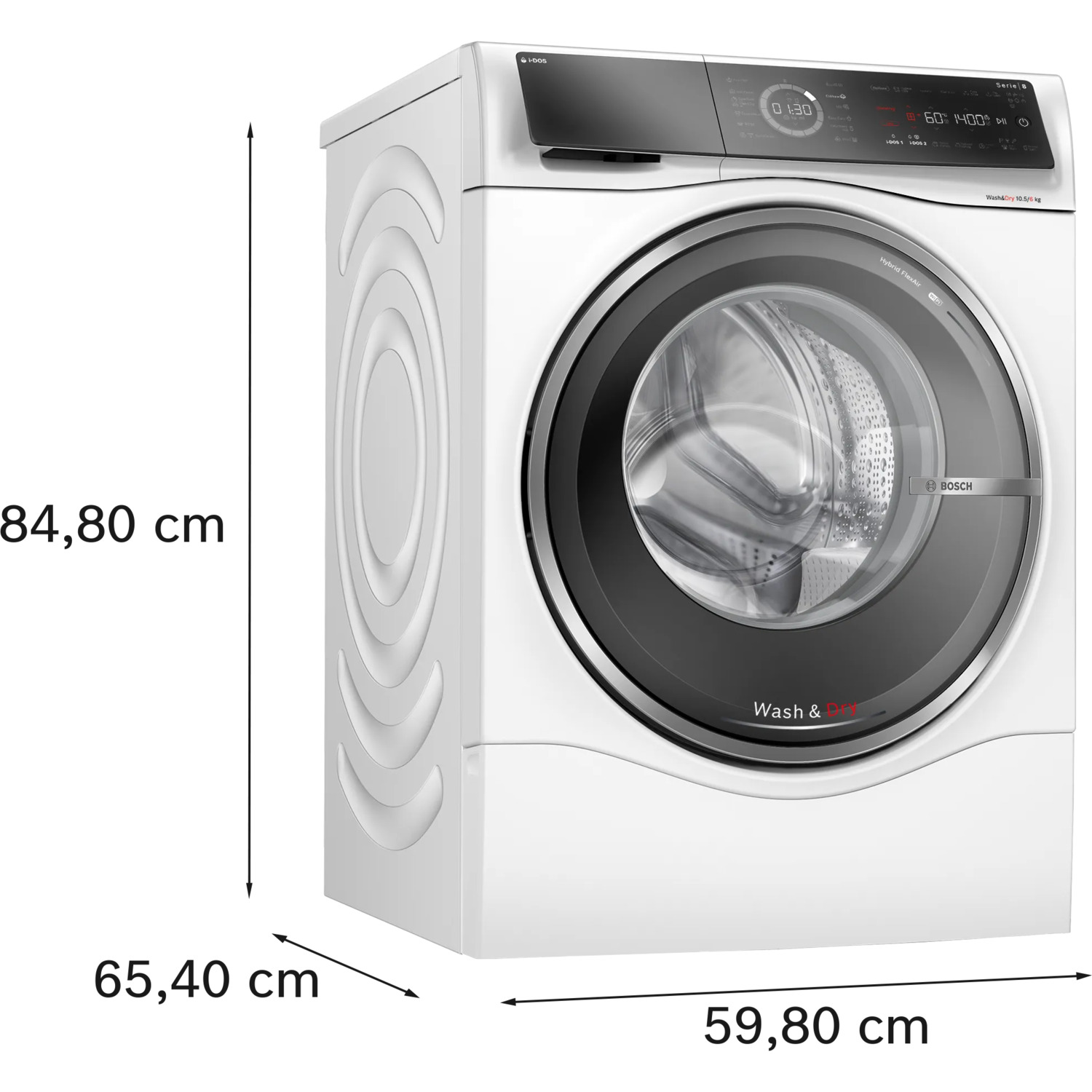 Witte wasmachine, afmetingen en productinformatie.
