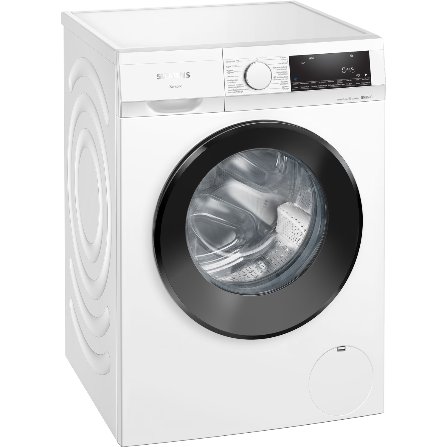 A white Siemens washing machine. Shows the door, a control panel, and digital display.