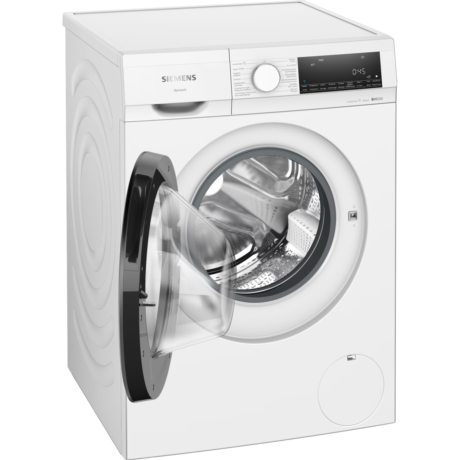 A white washing machine with an open door in a laundry room.