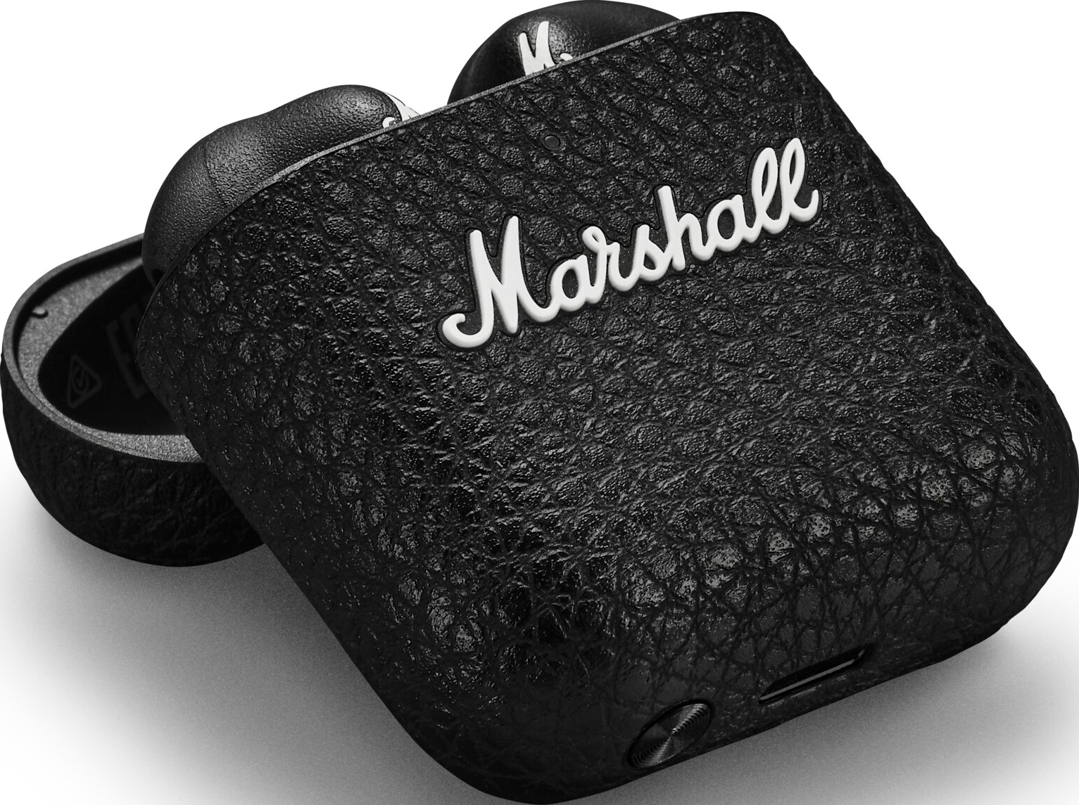 Custodia nera per cuffie Marshall. La custodia è aperta con le cuffie all'interno.