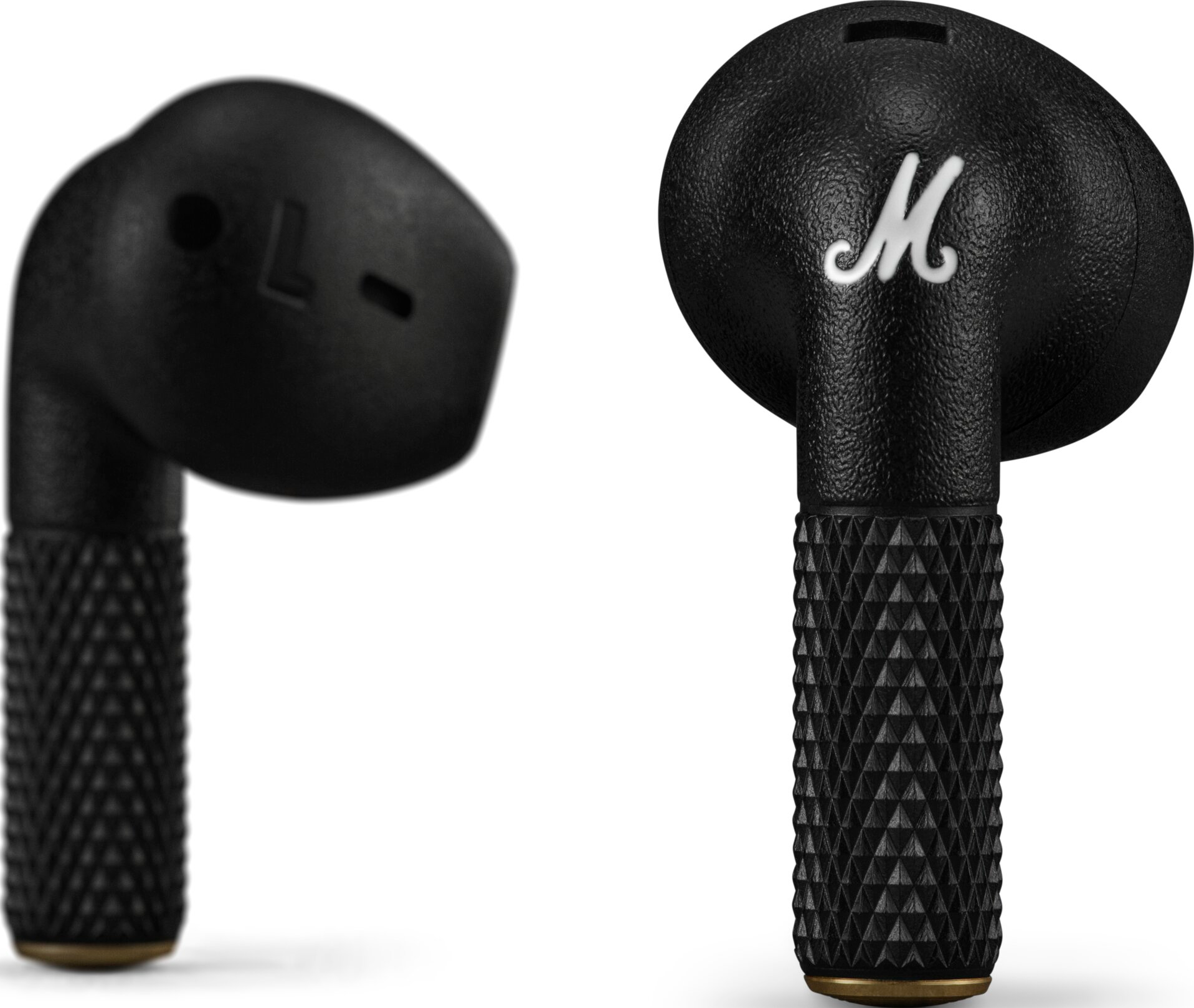 Auricolari Marshall neri, uno con 'L', l'altro con il logo 'M' bianco.