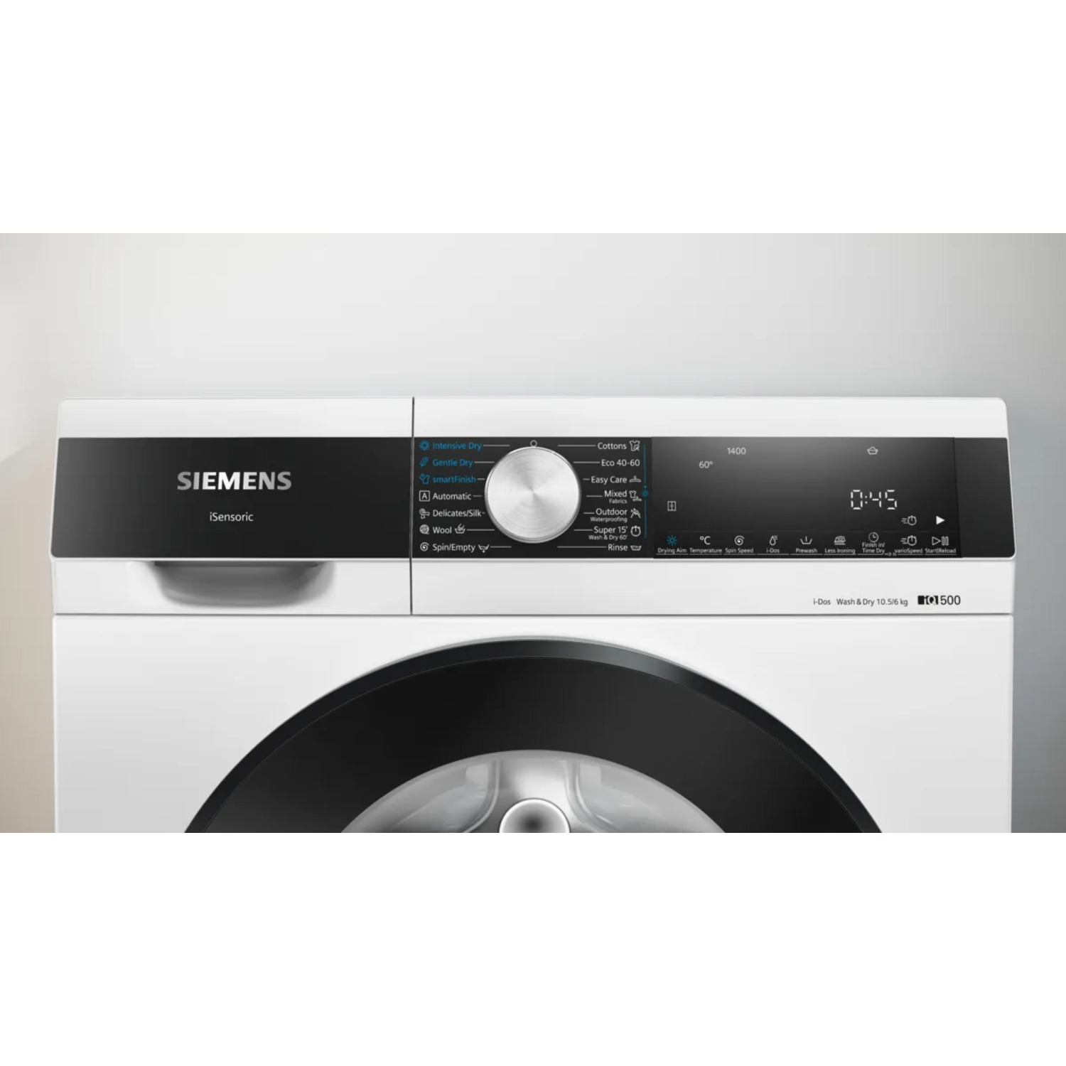 A washing machine control panel shows various program options and a digital display.