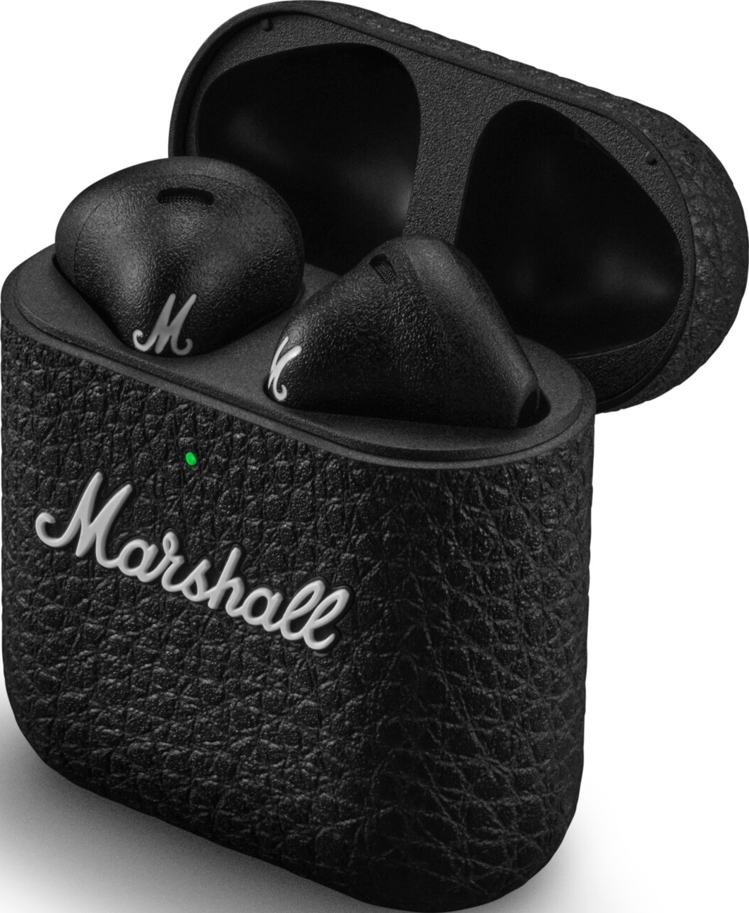 Auricolari neri in una custodia nera strutturata con il logo Marshall.
