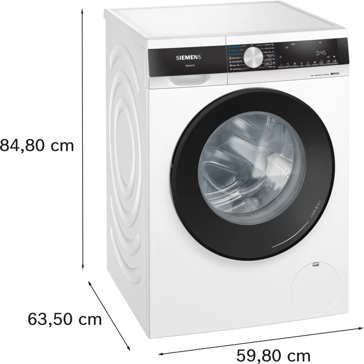 White Siemens washing machine with dimensions labeled. 84.80 cm high, 63.50 cm deep, and 59.80 cm wide.