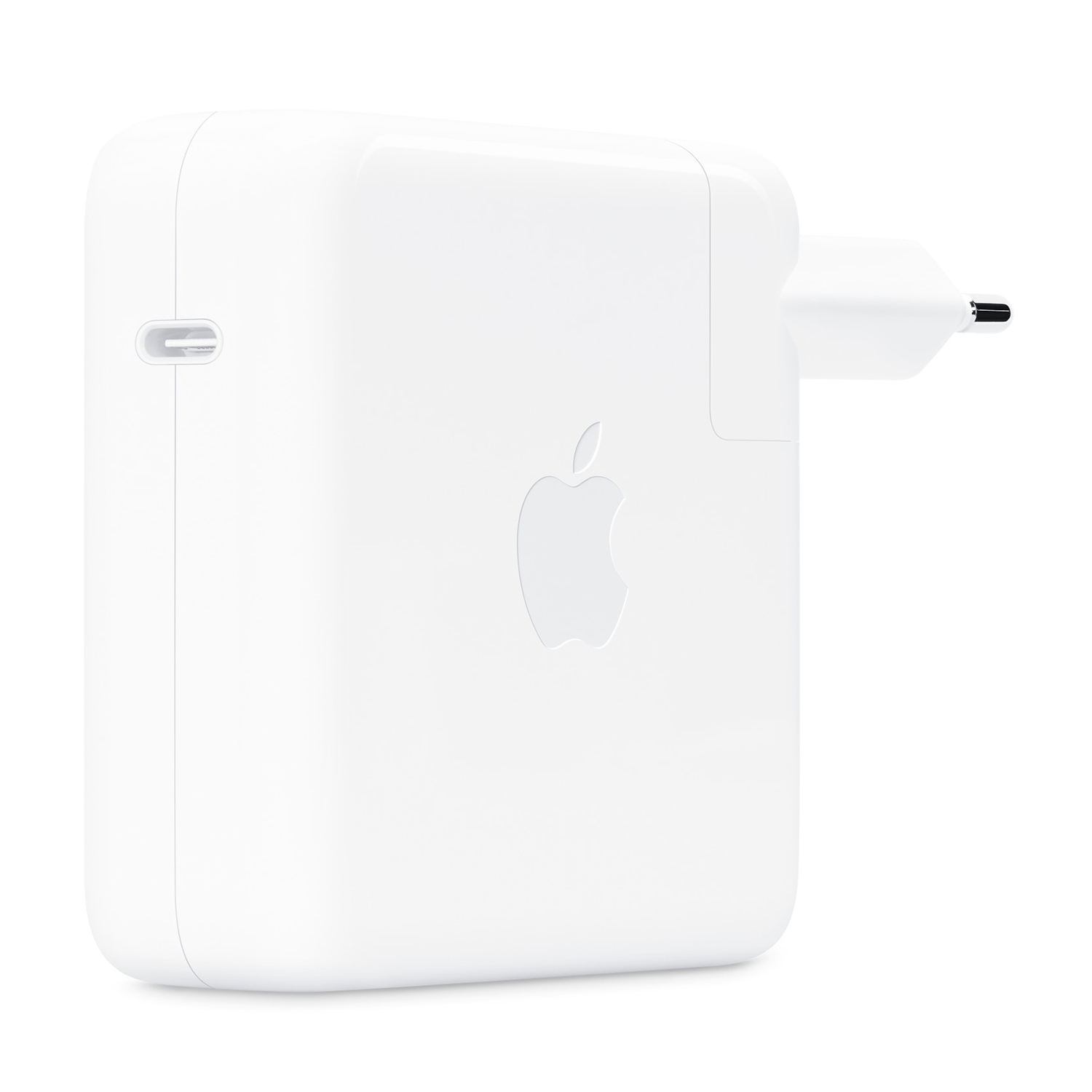 Caricabatterie Apple bianco. Porta USB-C a sinistra. Logo Apple al centro.
