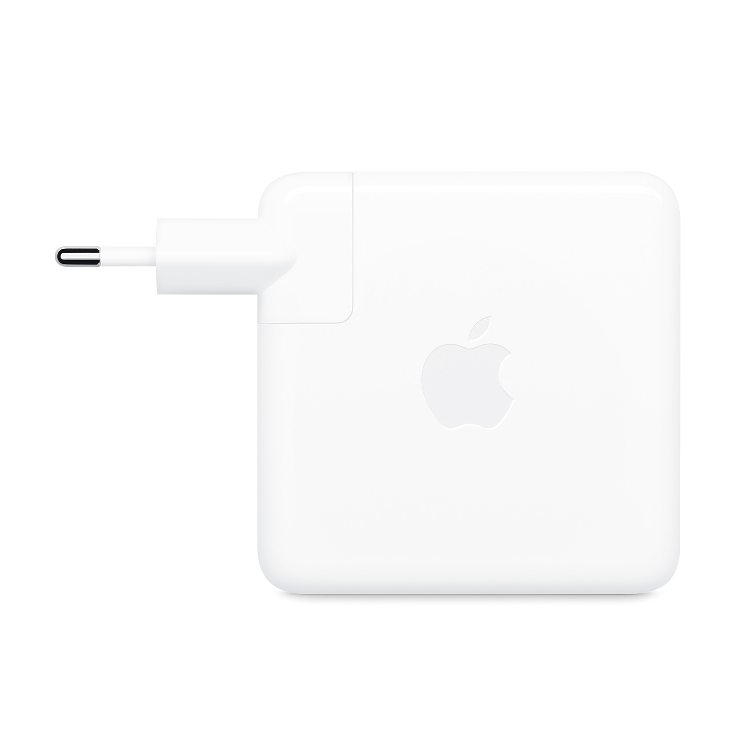 Caricabatterie Apple bianco. Porta USB-C a destra. Logo Apple al centro.