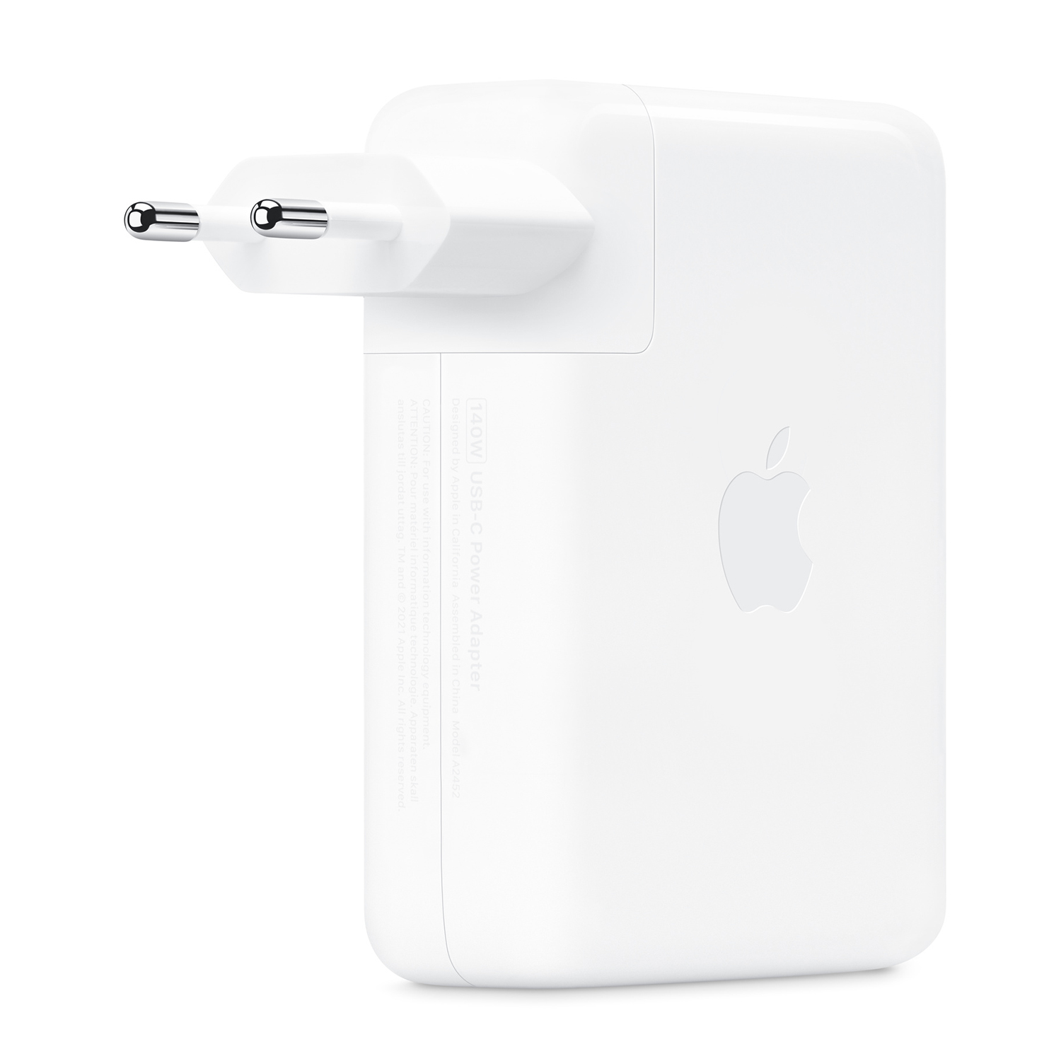 Caricabatterie Apple bianco con spine. Logo Apple presente. Adattatore di alimentazione USB-C da 120 W.