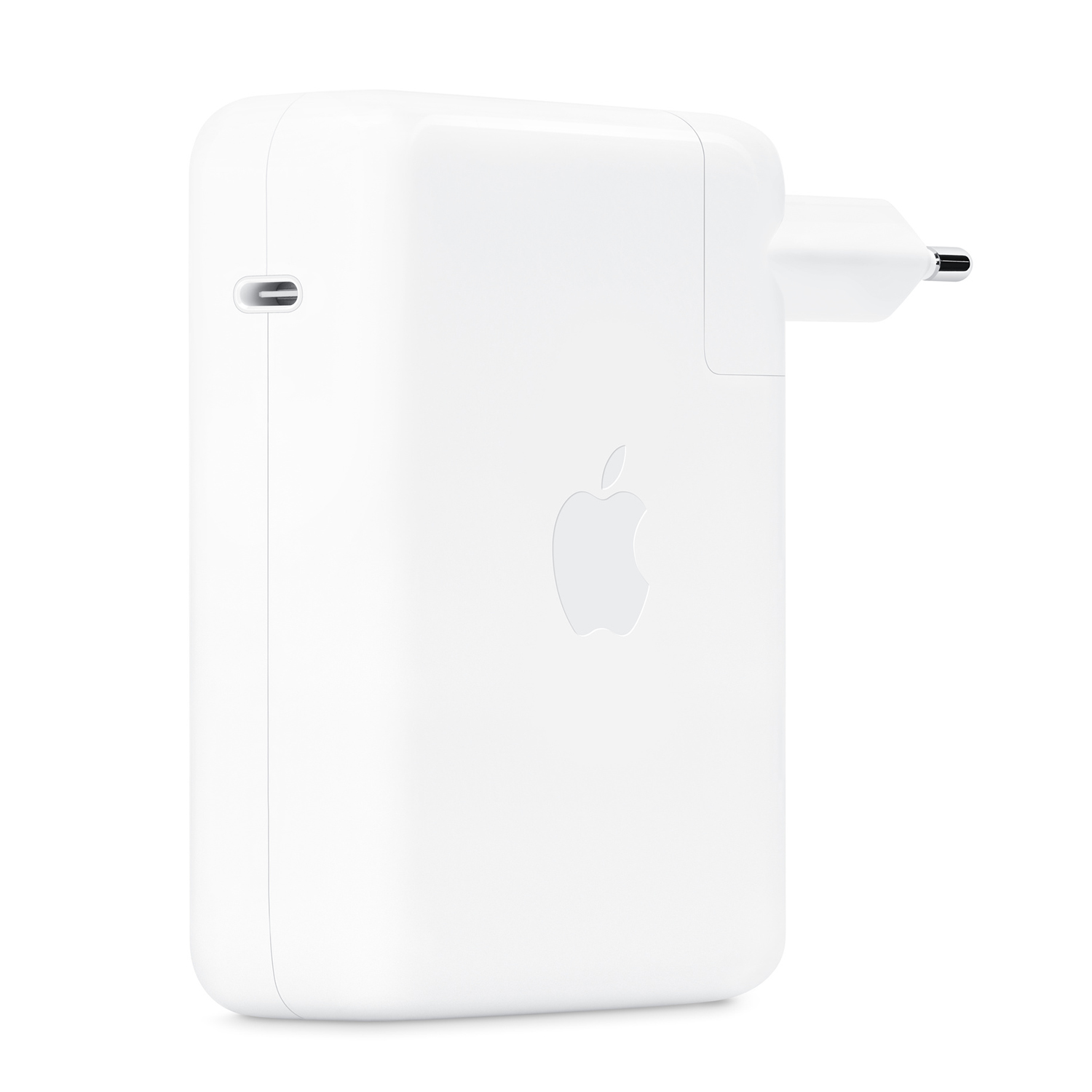 Caricabatterie Apple bianco. Porta USB-C a sinistra. Logo Apple al centro.