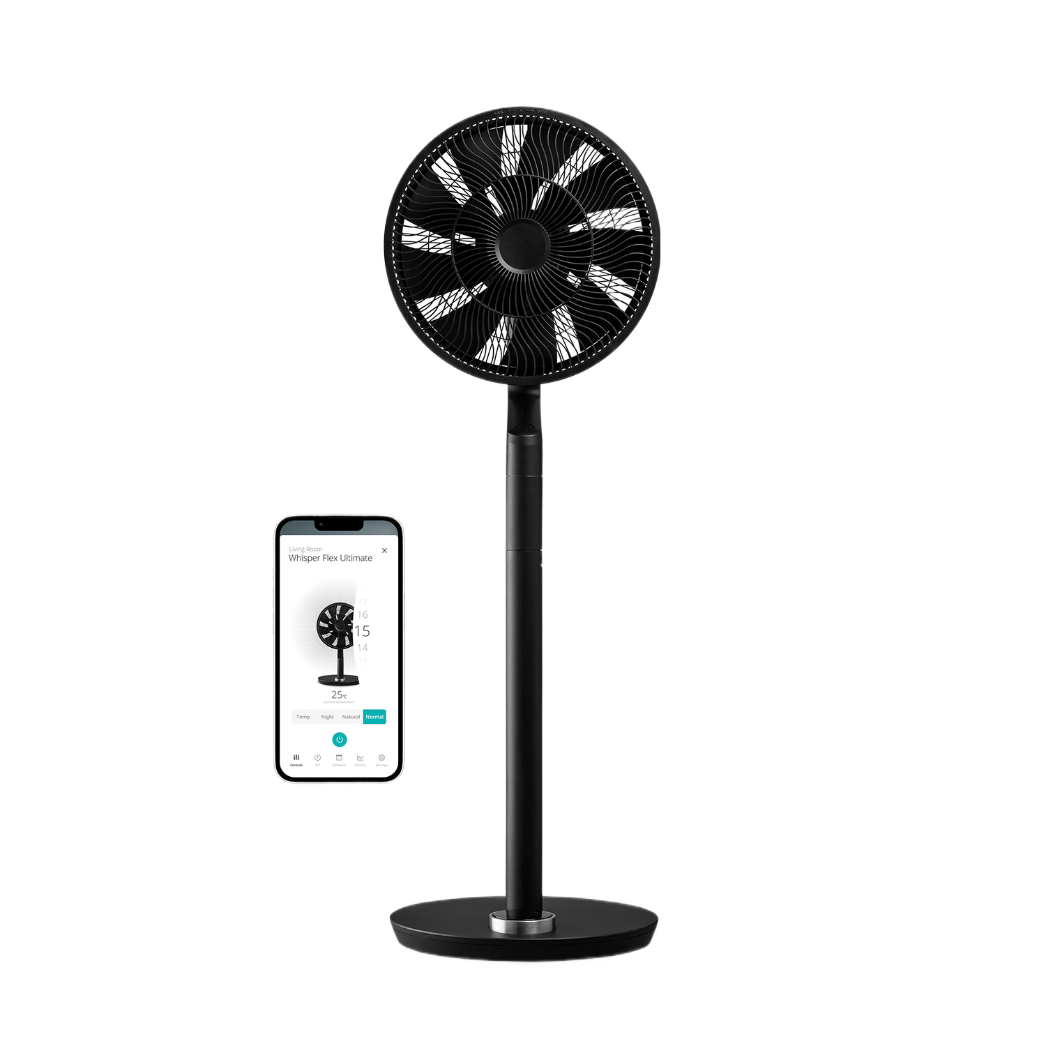 Zwarte ventilator met een telefoon die een besturingsinterface toont op een zwarte achtergrond.