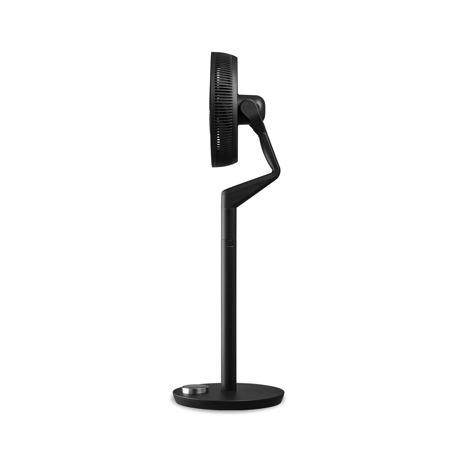 Een zwarte computermonitor met een standaard, van de zijkant gezien.