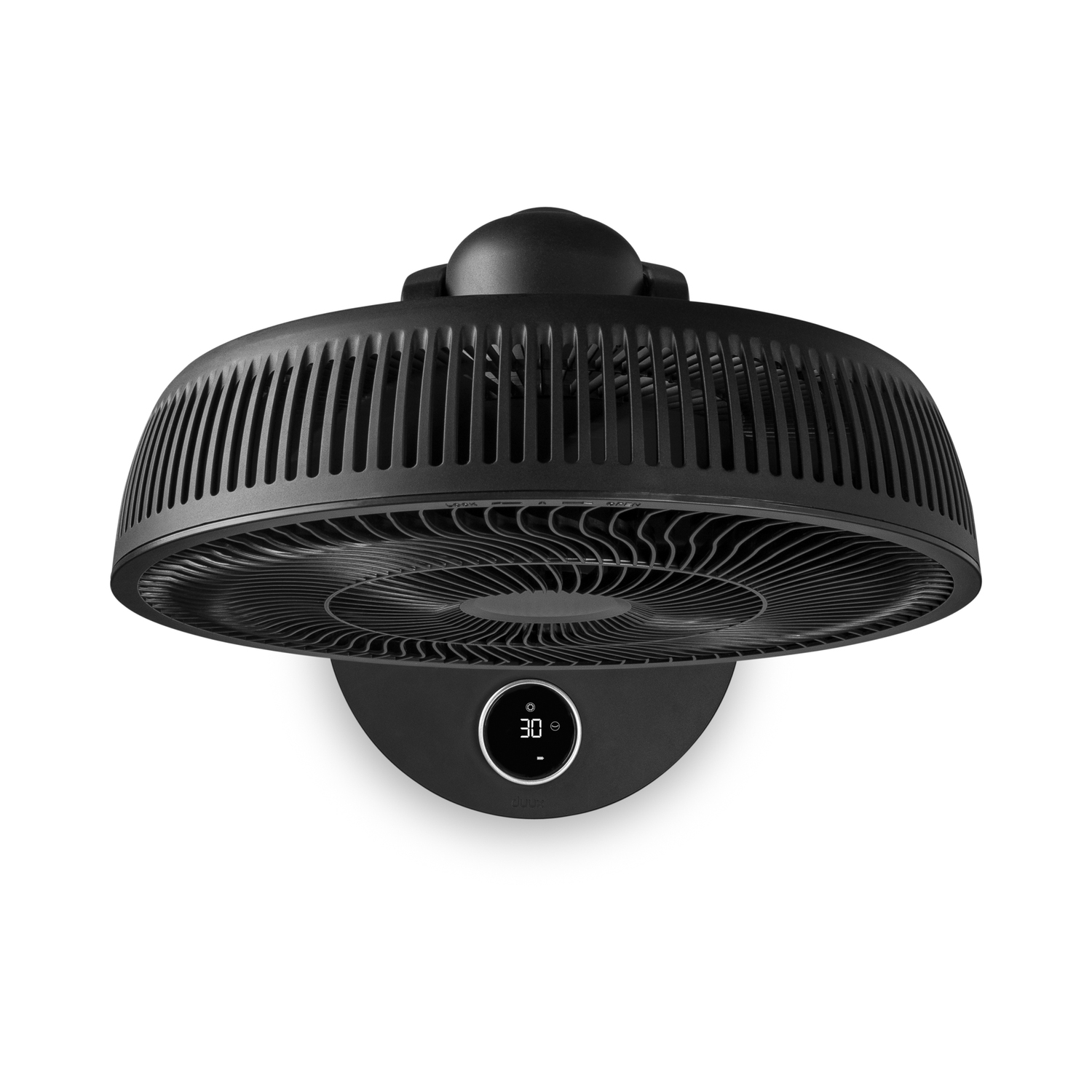 Een zwarte wandventilator met een digitaal display dat het nummer 30 toont, op een witte achtergrond.