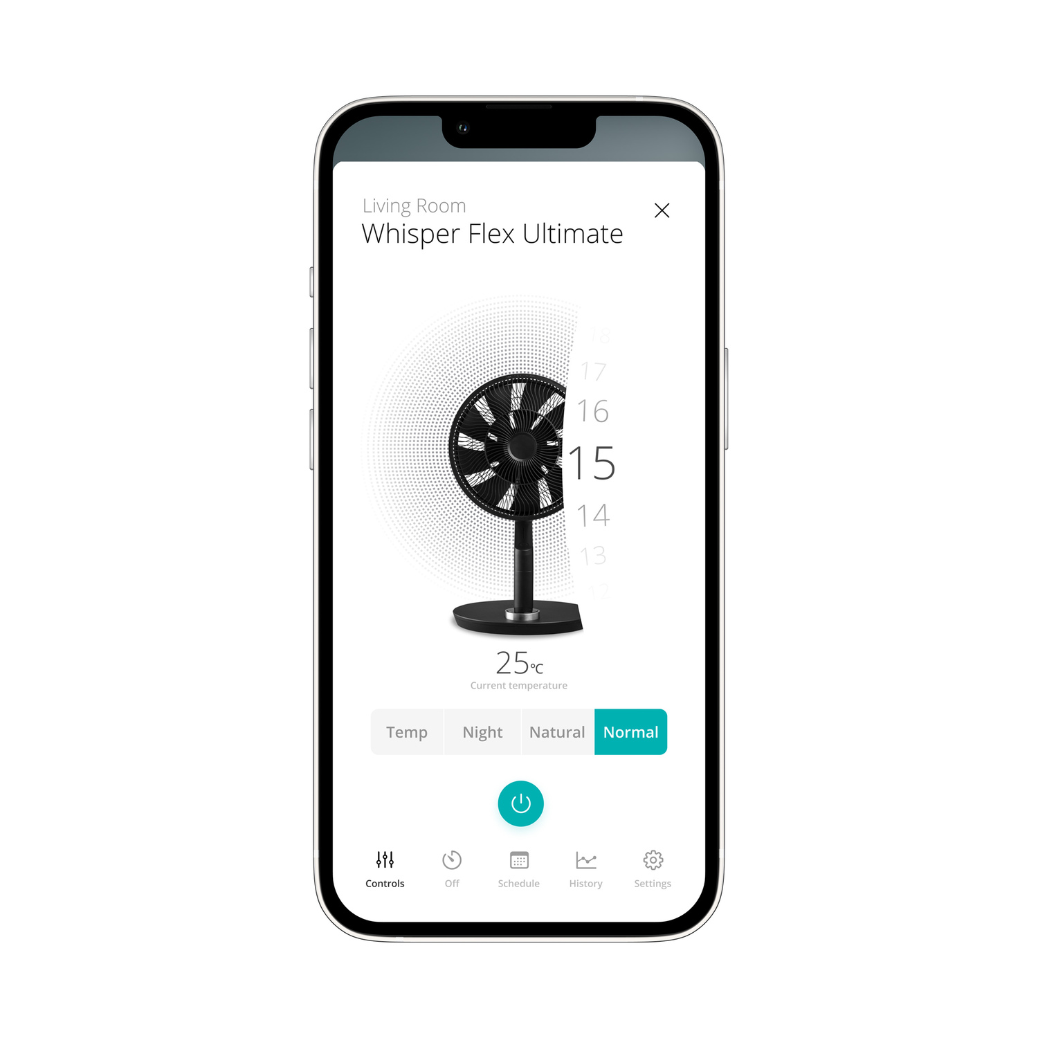 Een smartphone toont een scherm voor ventilatorbediening met temperatuur- en ventilatorsnelheidinstellingen.