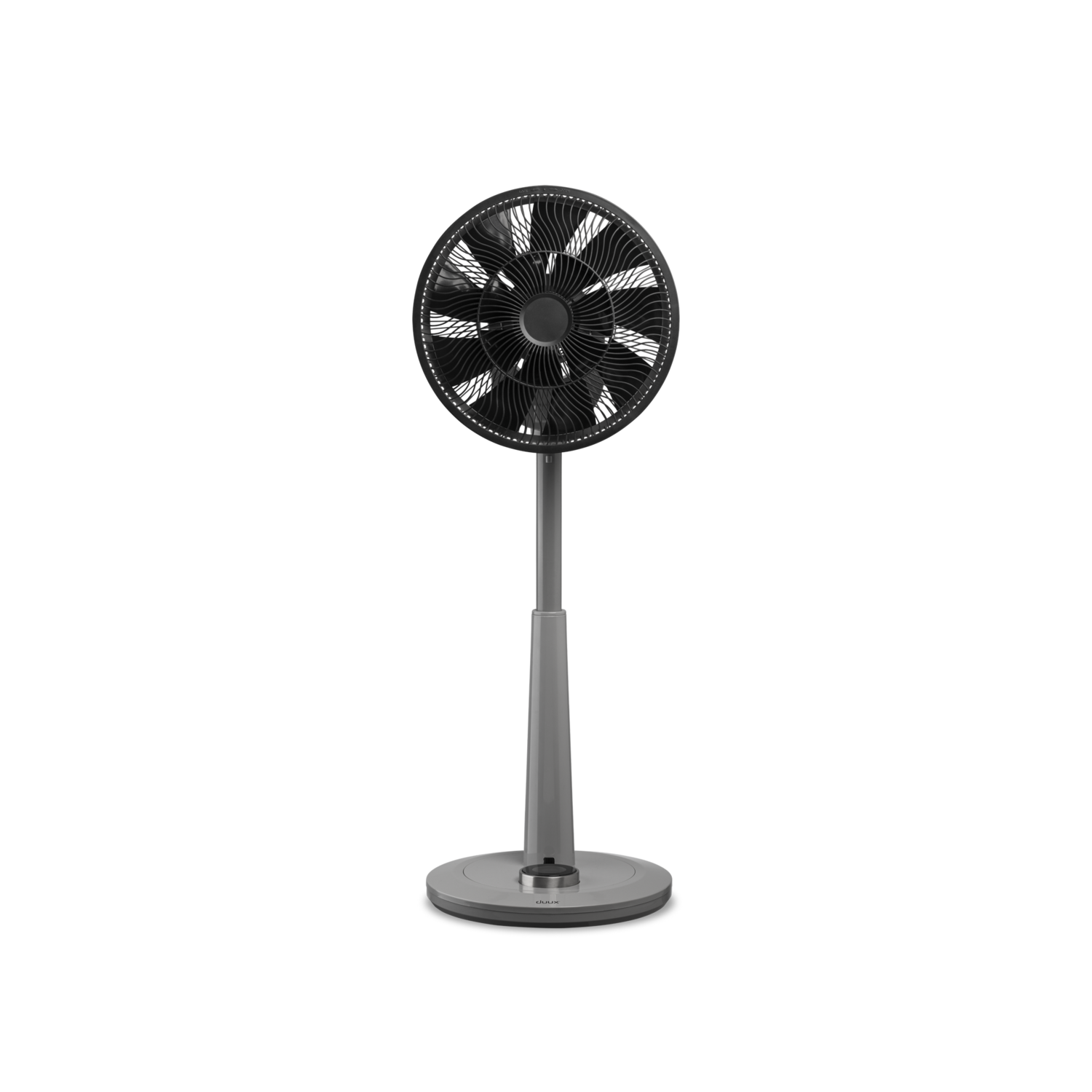 Zwarte en grijze staande ventilator met ronde voet en ronde ventilator.