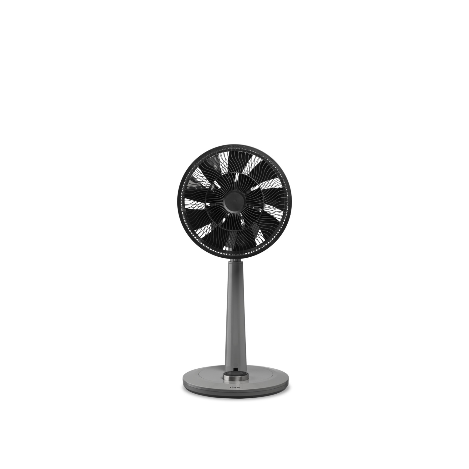 Een zwarte ventilator op een grijze voet, met zwarte bladen.