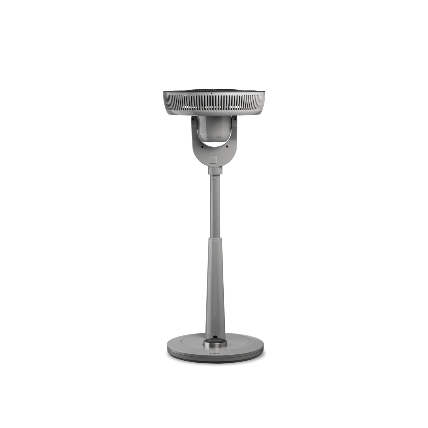 Een zilveren Dyson luchtreiniger op een witte achtergrond. De reiniger heeft een cirkelvormig ontwerp.