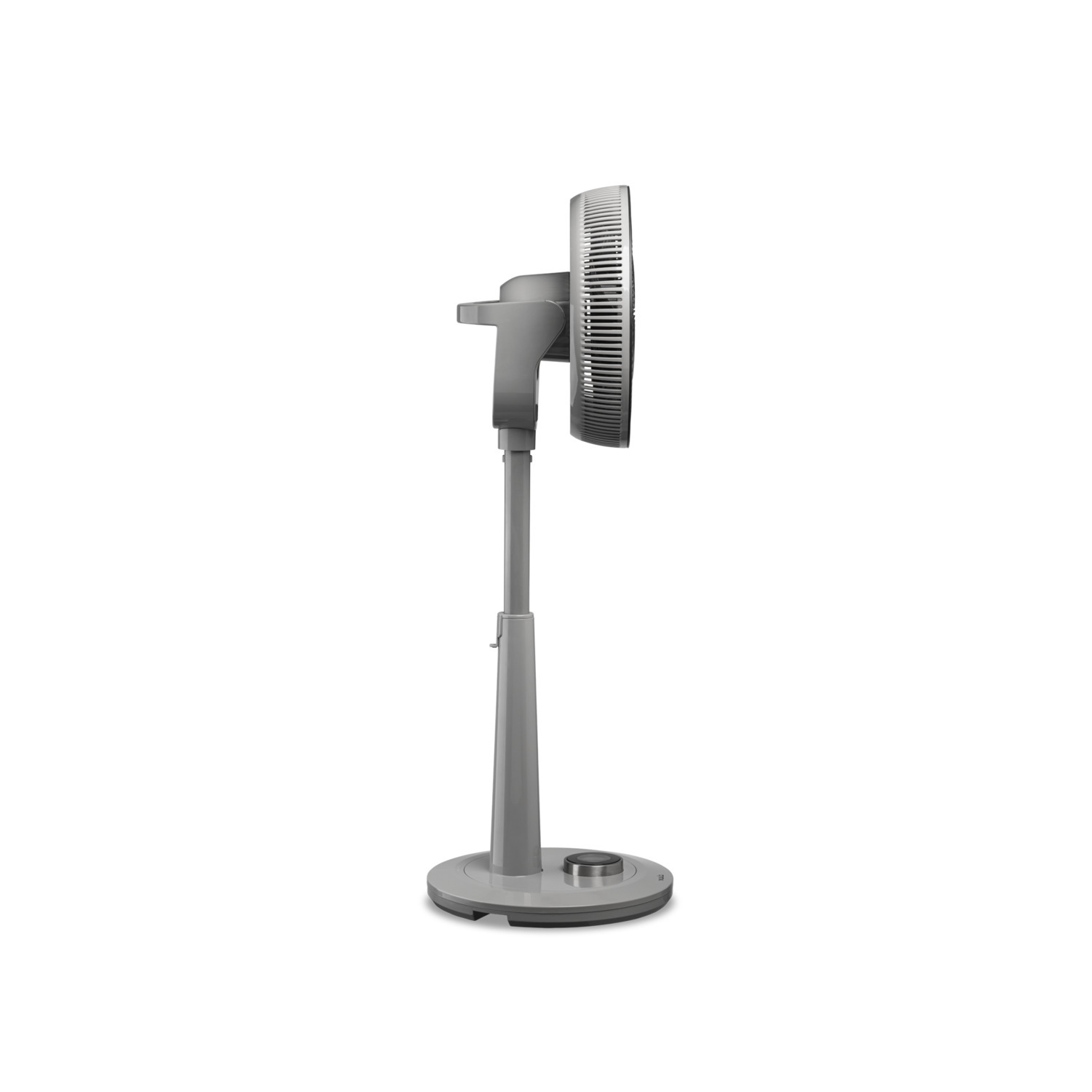 Grijze staande ventilator. Met ronde voet, verstelbare hoogte en ventilatorkop.