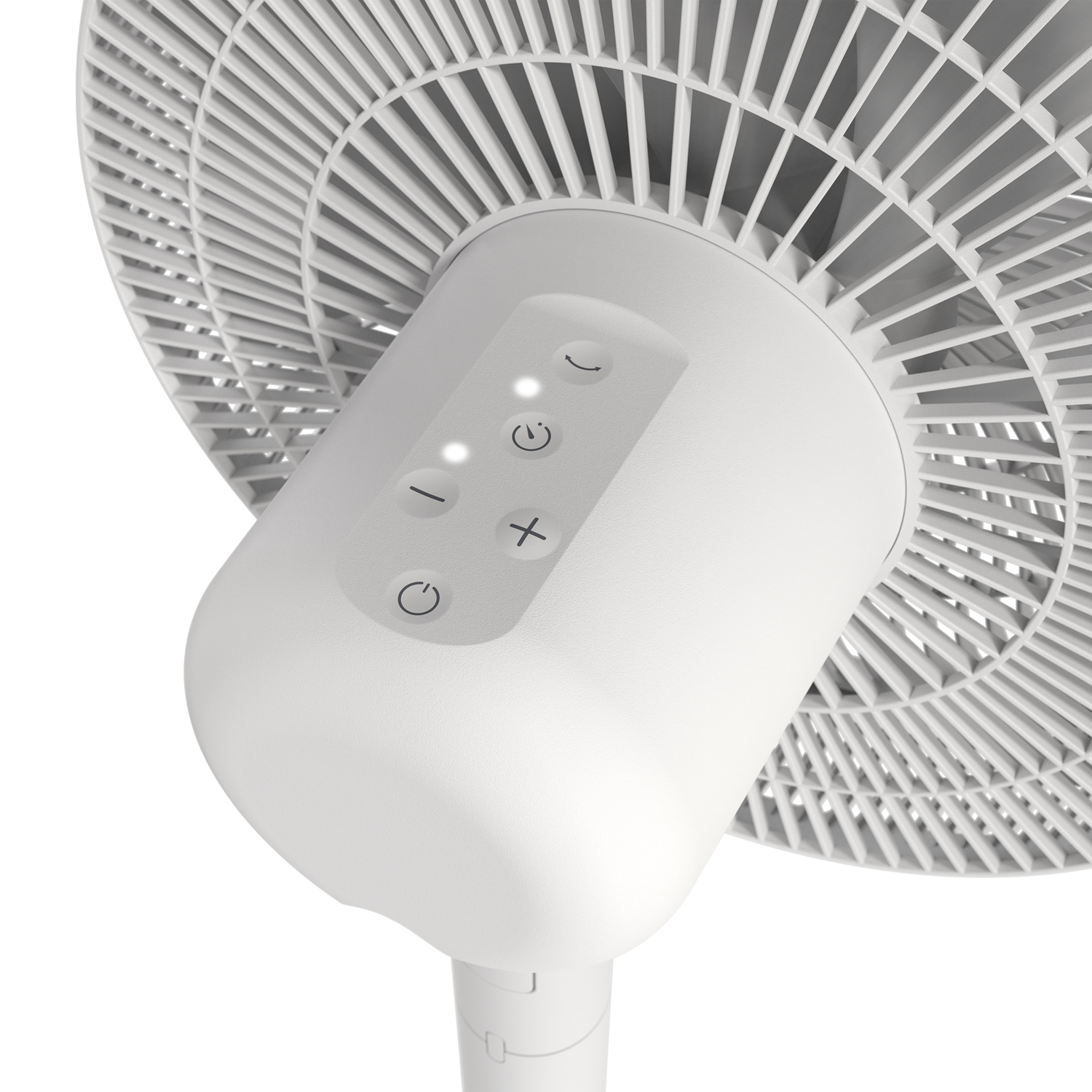 Witte ventilatorvoet met bedieningsknoppen en een witte achtergrond.