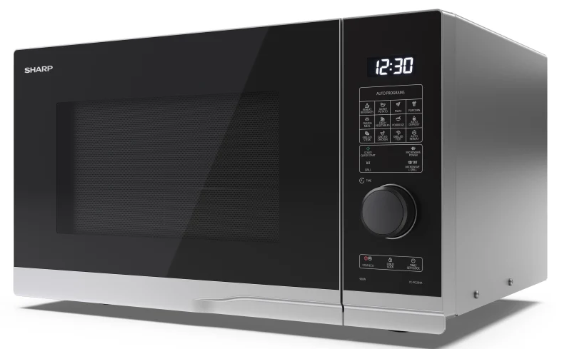 Srebrna kuchenka mikrofalowa z czarnymi drzwiami, panelem sterowania i wyświetlaczem cyfrowym.