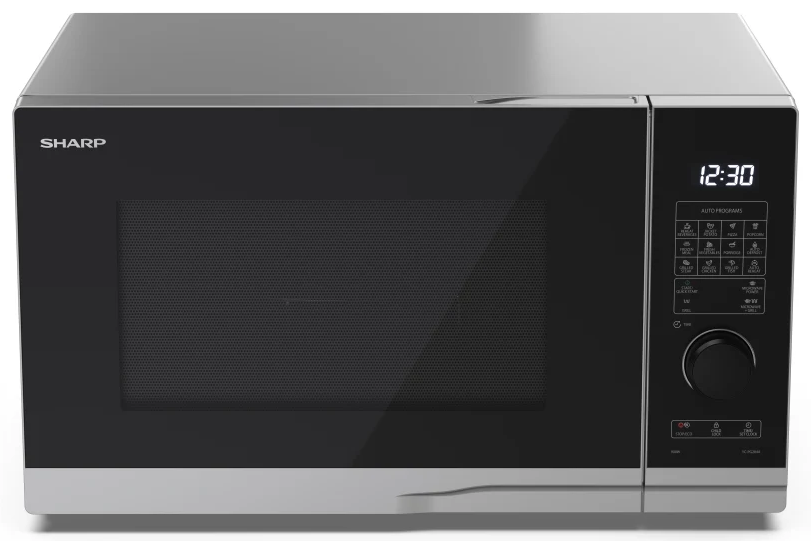 Mikrofalówka z czarnymi drzwiami i srebrnymi wykończeniami, wyświetlająca czas i przyciski sterowania.