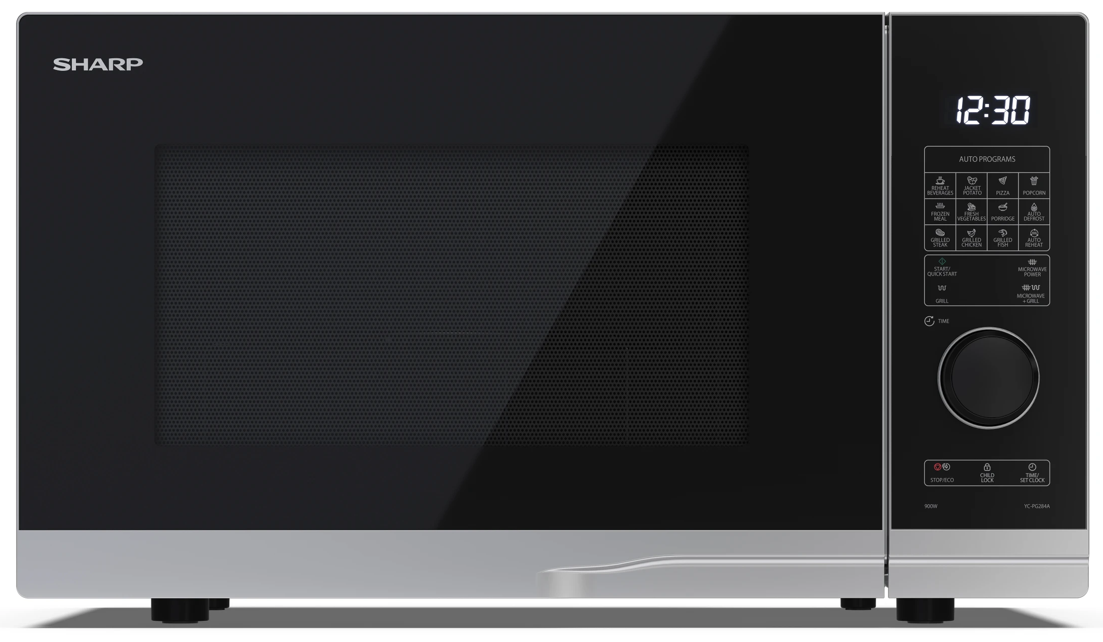 Czarna i srebrna kuchenka mikrofalowa Sharp. Wyświetlacz pokazuje czas i opcje gotowania.