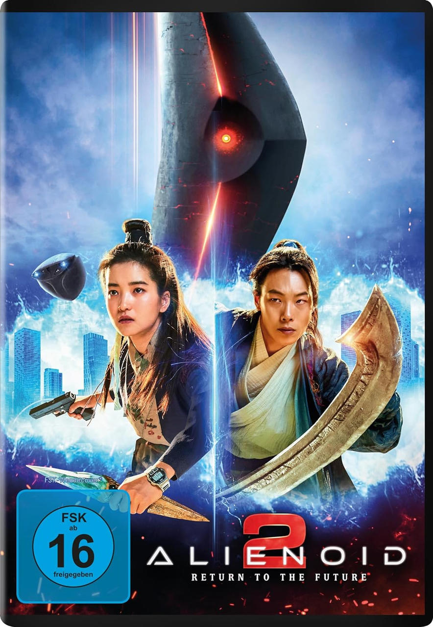Filmposter: Zwei Personen aus einem Film stehen vor einem Raumschiff. Text: Alienoid 2: Return to the Future.