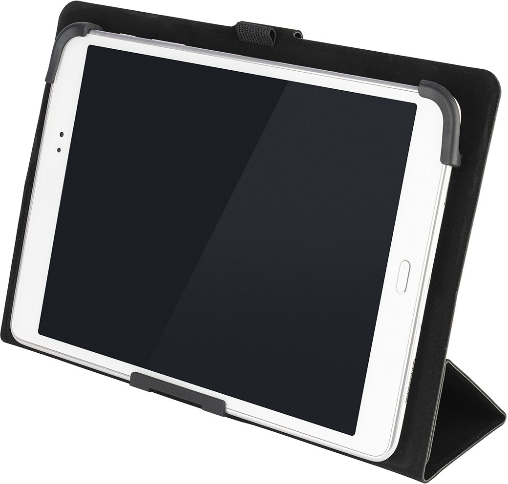 Ein Tablet mit schwarzem Bildschirm in einem Ständer. Die Hülle ist schwarz und hat einen Griff.