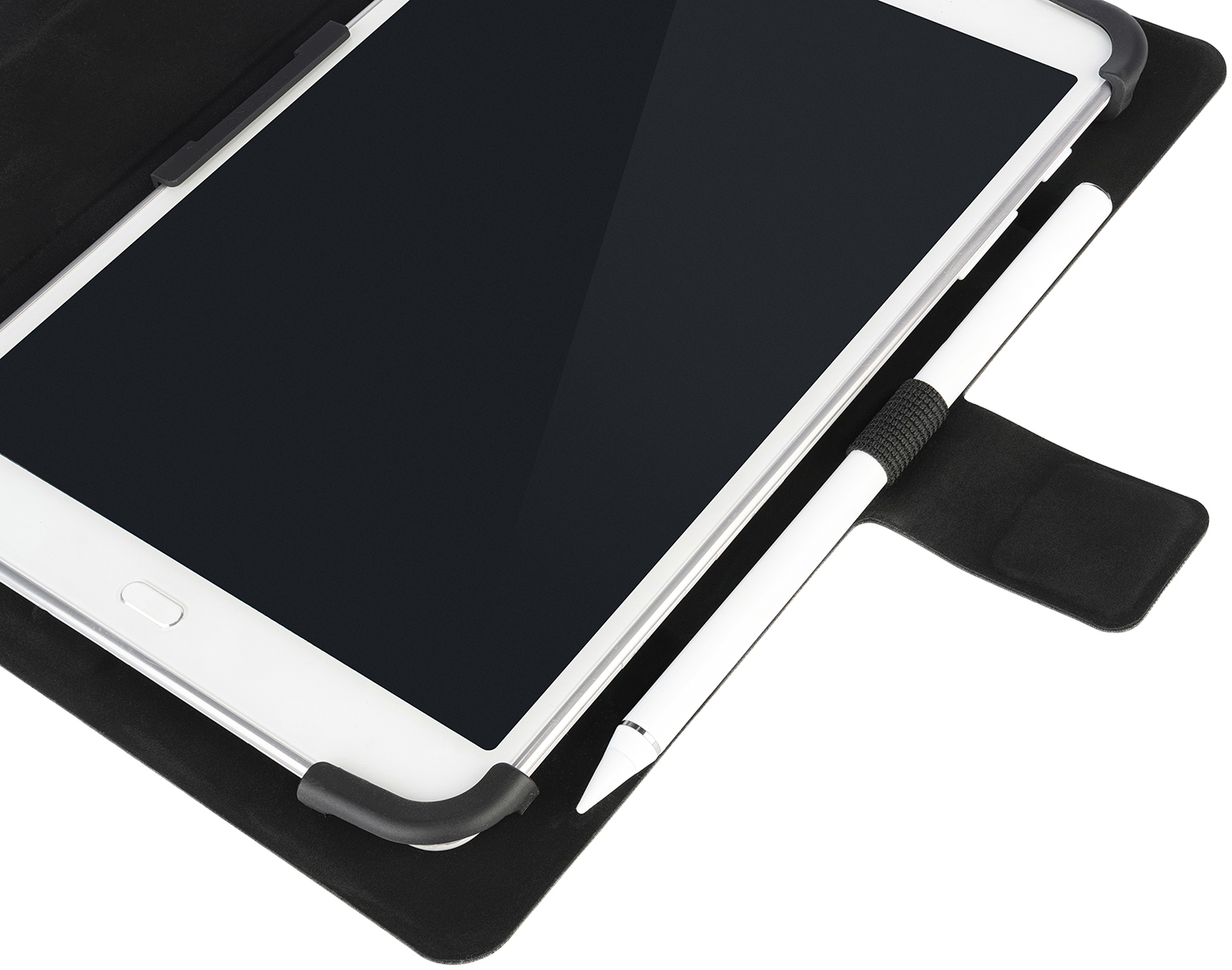Tablet mit Stift in schwarzer Hülle. Das Tablet ist weiß, der Bildschirm schwarz.