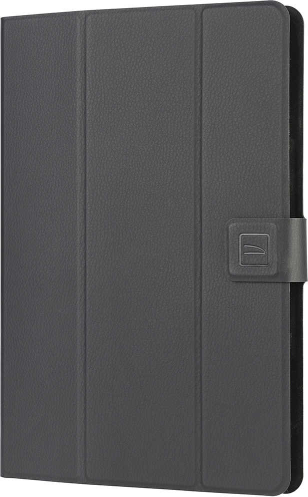 Ein geschlossenes, dunkelgraues Tablet-Etui mit strukturierter Oberfläche und Verschluss.