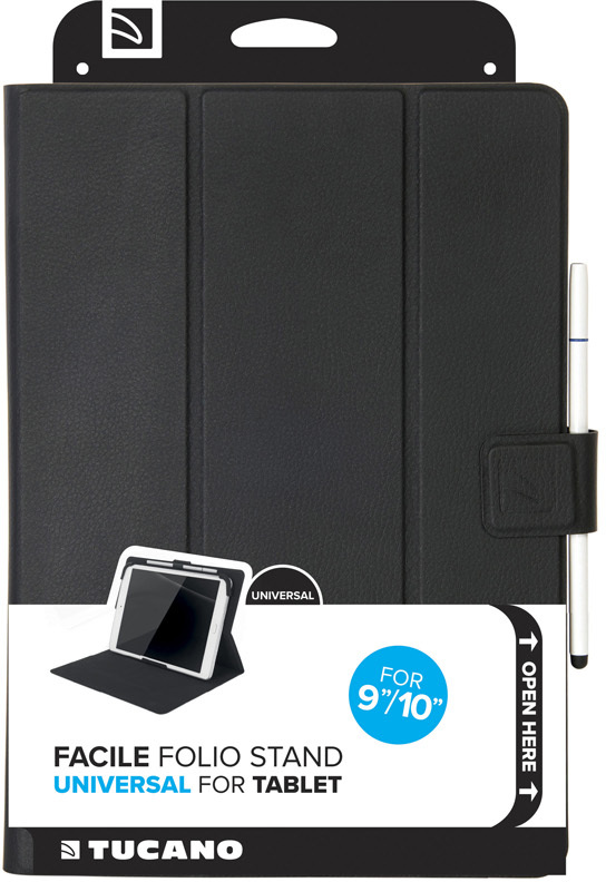 Schwarze Tablettasche mit Stift und weißem Hintergrund.