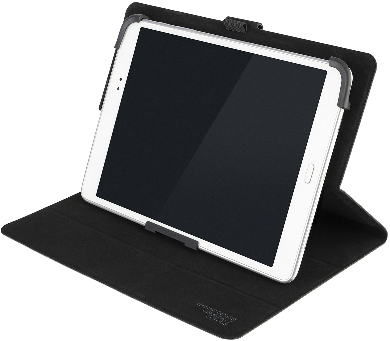Ein weißes Tablet in einer schwarzen Hülle. Der Bildschirm ist sichtbar und nach oben abgewinkelt.
