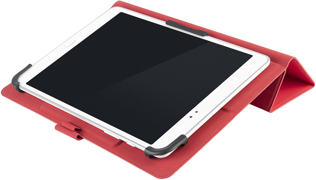 Ein Tablet mit schwarzem Bildschirm befindet sich in einer roten Hülle. Die Hülle ist zu einem Ständer gefaltet. Schwarze Clips halten das Tablet.