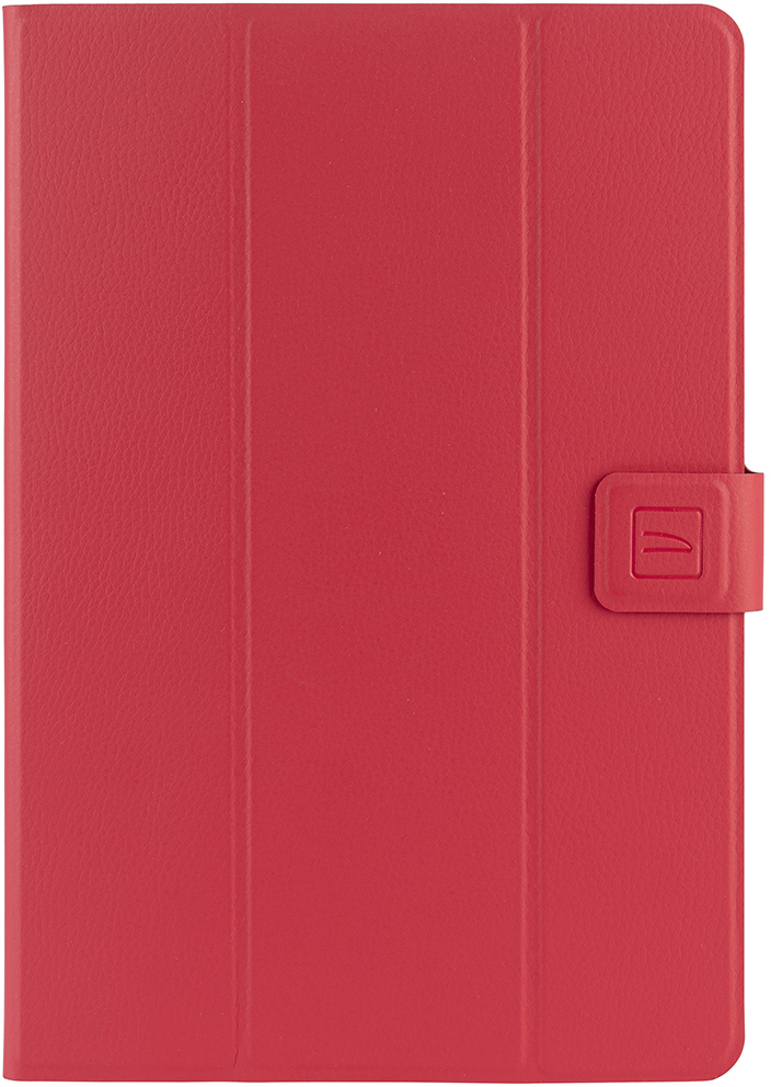 Eine rote Tablet-Hülle. Sie hat eine strukturierte Oberfläche und einen Magnetverschluss mit Logo. Die Hülle ist geschlossen.