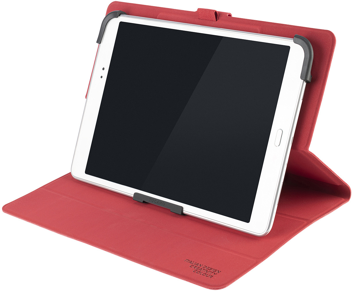 Ein Tablet in einem roten Gehäuse wird angezeigt. Der Bildschirm ist schwarz. Das Gehäuse ist offen und trägt den Markennamen.