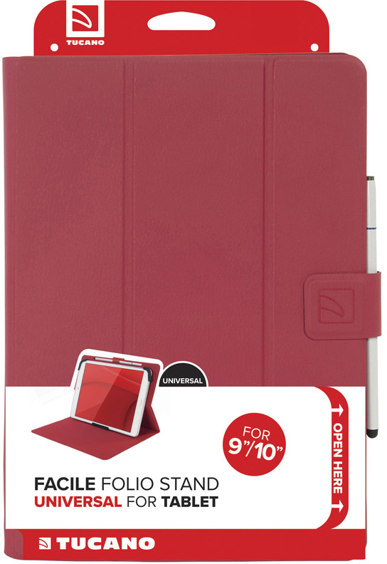 Rote Tablet-Hülle mit Tablet-Bild, Stift und Tucano-Logo. Text: 'Facile Folio Stand Universal for Tablet'.
