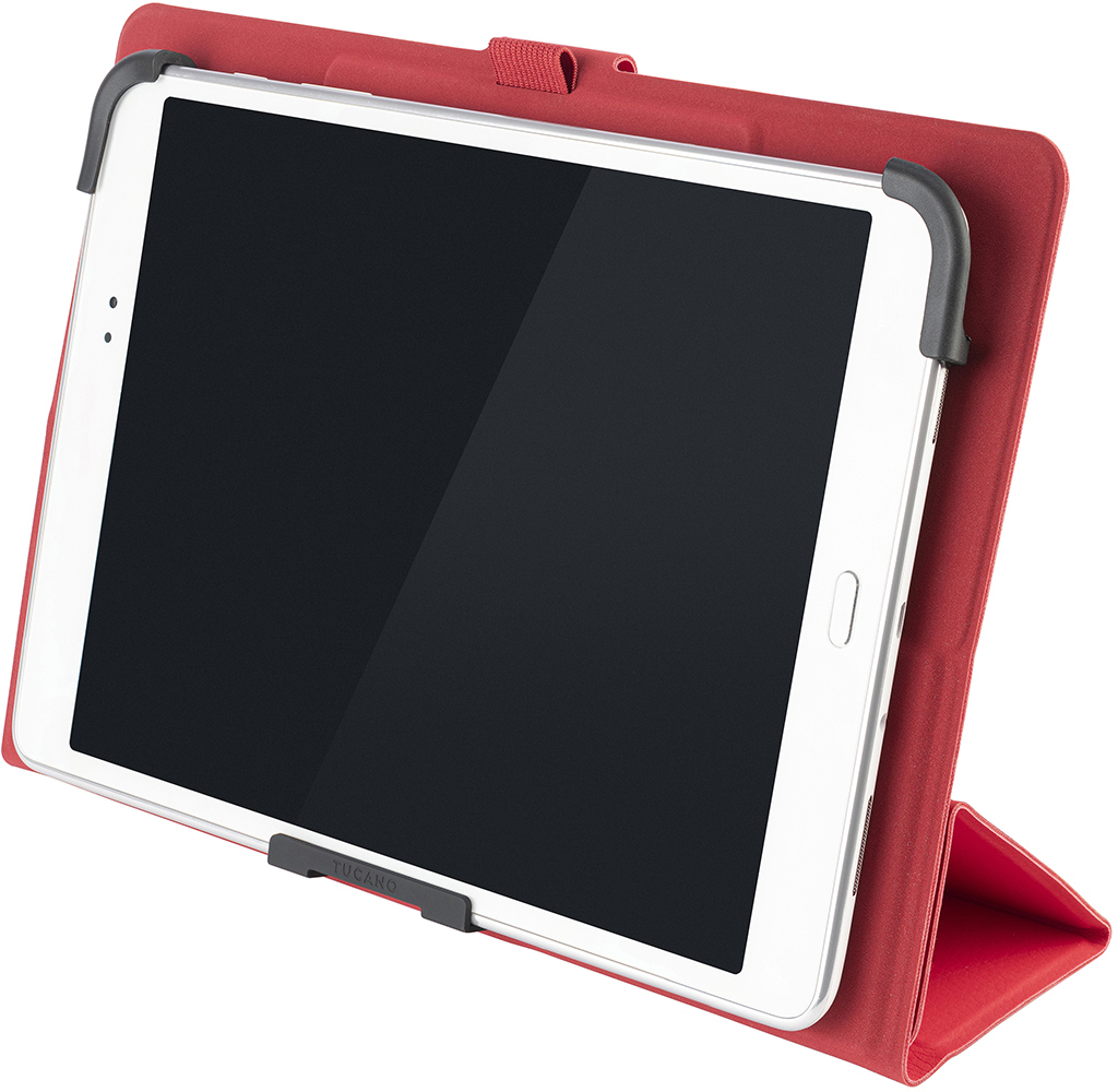 Ein weißes Tablet in einer roten Hülle wird angezeigt. Die Hülle hat einen Ständer. Der Bildschirm ist schwarz. Die Hülle hat einen schwarzen Riemen.