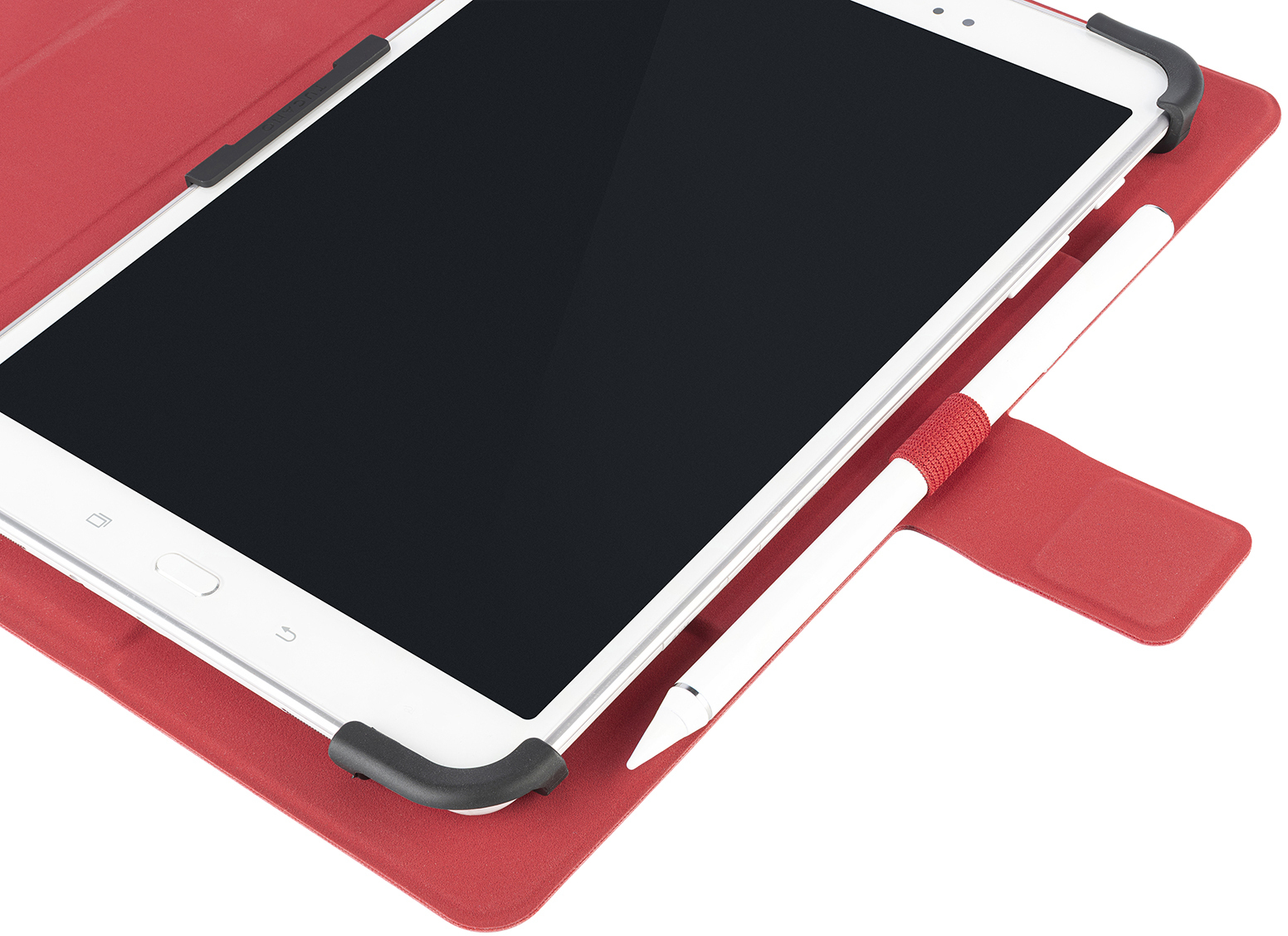 Tablet in roter Hülle mit Stift. Tablet ist weiß mit schwarzem Bildschirm. Stift ist weiß mit rotem Griff. Hintergrund ist weiß.
