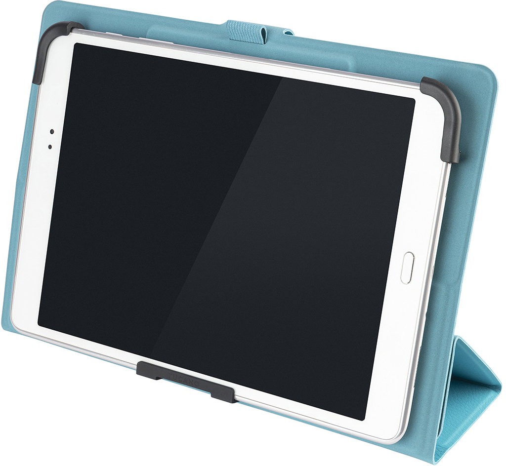 Ein weißes Tablet mit schwarzem Bildschirm in einer teal-farbenen Hülle. Die Hülle hat einen Ständer und schwarze Eckschützer.