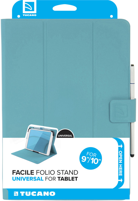 Hellblaue Tablet-Hülle mit Stift. Die Hülle ist ein Folio-Ständer, und die Verpackung besagt, dass sie universell für ein 9/10-Zoll-Tablet ist.