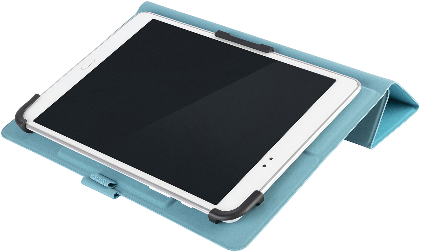 Ein weißes Tablet liegt auf einem türkisfarbenen Ständer. Der Ständer ist gefaltet. Schwarze Halterungen sichern das Tablet.