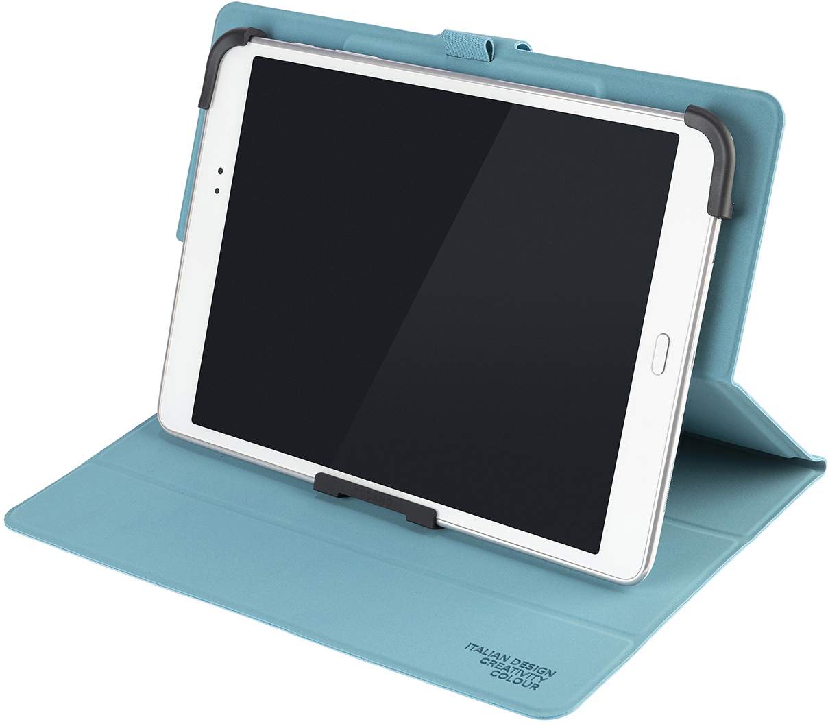 Ein Tablet in einer türkisfarbenen Hülle. Der Bildschirm ist schwarz. Hülle hat schwarze Eckhalter. Text: 'Italian Design Creativity Colour'.