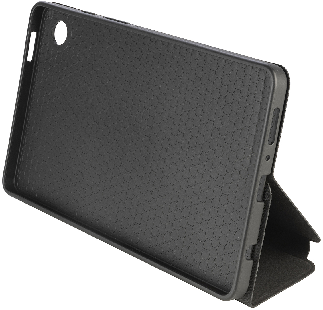 Eine schwarze Tablet-Hülle mit Wabenmuster, offen, in einem Winkel liegend.