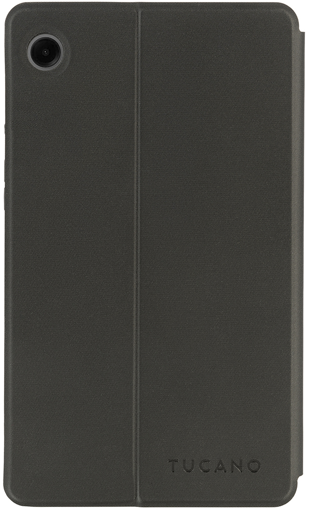 Graue Tablet-Hülle geschlossen. TUCANO-Logo unten. Kameraobjektiv oben.