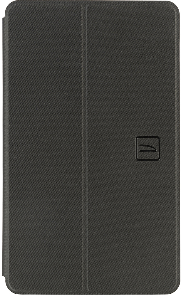 Eine geschlossene dunkelgraue Tablethülle mit Logo.