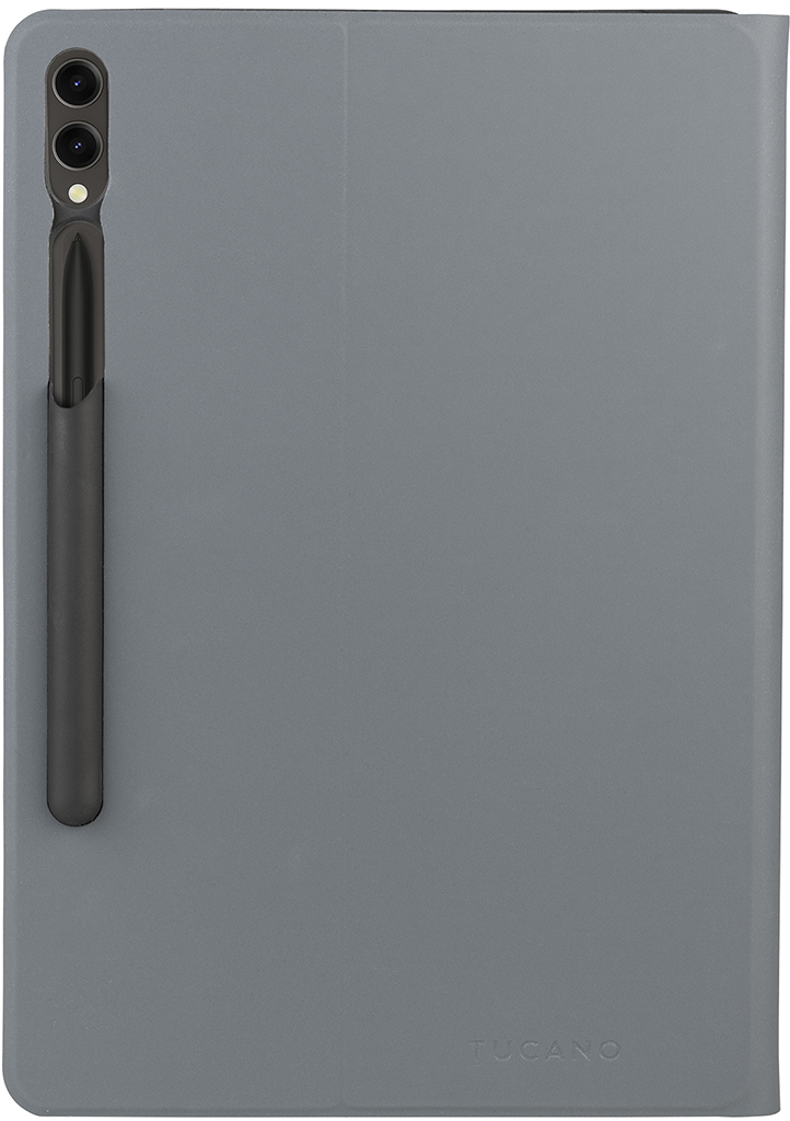 Una custodia grigia per tablet con uno stilo in un supporto laterale.