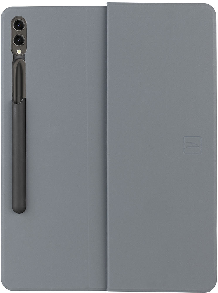 Custodia per tablet aperta, grigia, con stilo e spazio per tablet. Logo Tucano visibile.