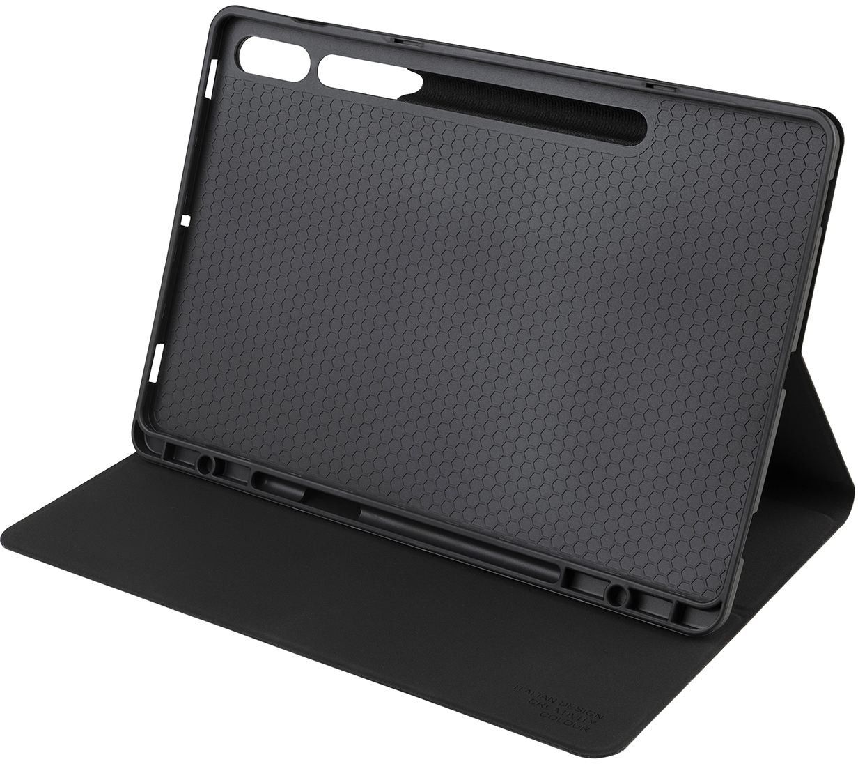 Custodia per tablet nera aperta, che mostra l'interno con una superficie strutturata.
